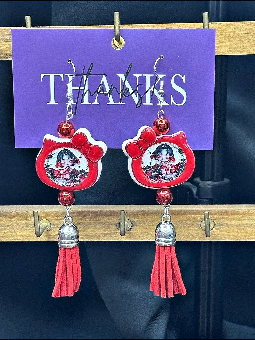 handmade red bow doll tassel earrings 🌹